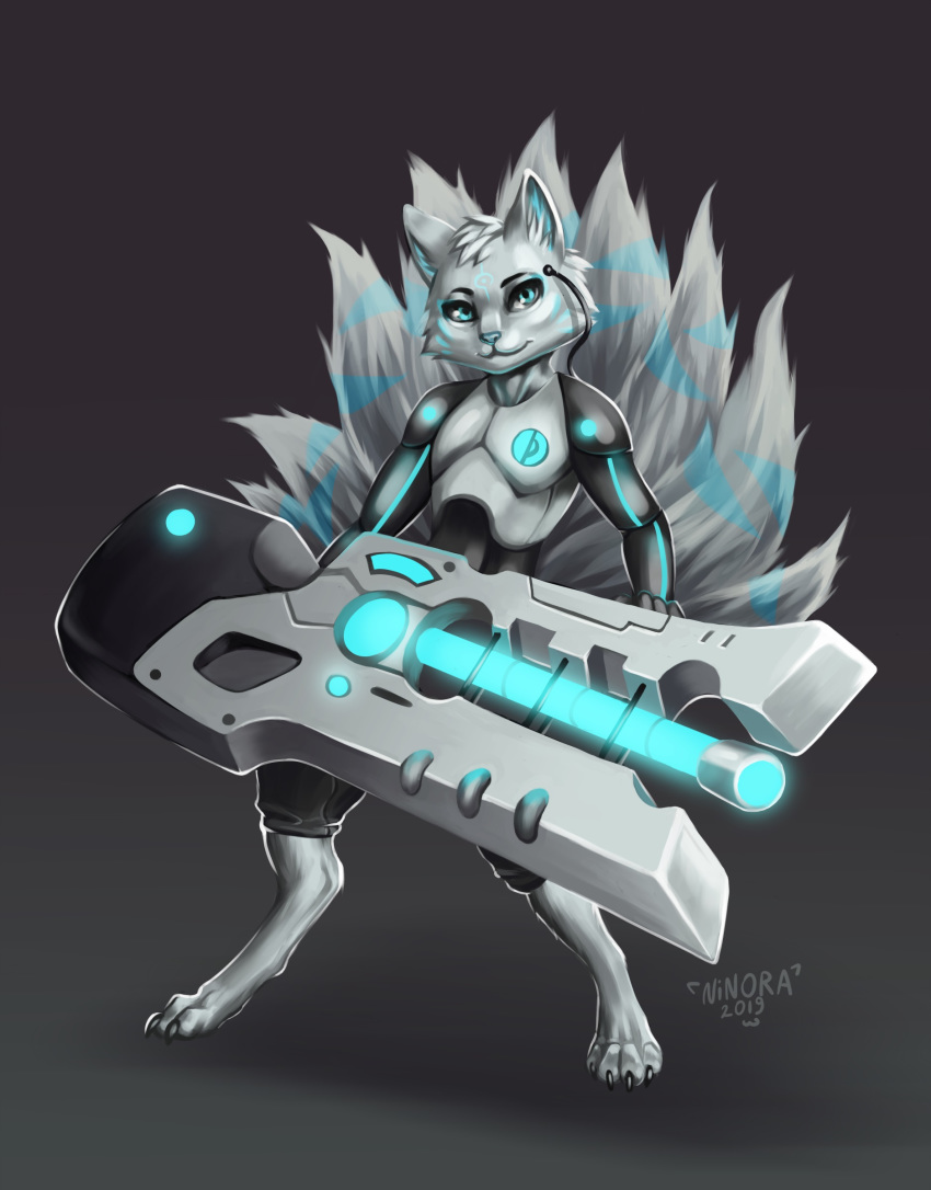 2019 9_tails absurd_res ambiguous_gender anthro armor barefoot biped canid canine cannon clothed clothing cybernetics cyberpunk digital_media_(artwork) etis feet fox fur hi_res holding_object holding_weapon looking_at_viewer machine mammal markings multi_tail ninora ranged_weapon simple_background smile solo standing tail weapon white_body white_fur