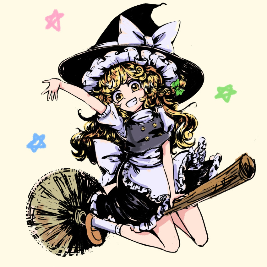 apron black_dress black_headwear blonde_hair bow braid broom broom_riding buttons dress female flying green_bow happy hat highres kirisame_marisa long_hair numenoko simple_background smile star_(symbol) teeth touhou witch_hat yellow_background yellow_eyes