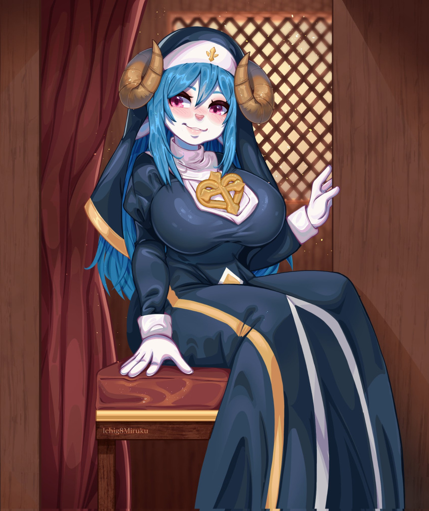 2023 anthro big_breasts blue_hair bovid breasts caprine celestine_(soulblader) clothing confession_booth digital_media_(artwork) dress english_text female gloves hair handwear hi_res ichig8miruku_(artist) kemono looking_aside mammal nun nun_habit nun_outfit pink_nose religious_clothing sheep sitting smile solo text tight_clothing white_clothing white_gloves white_handwear