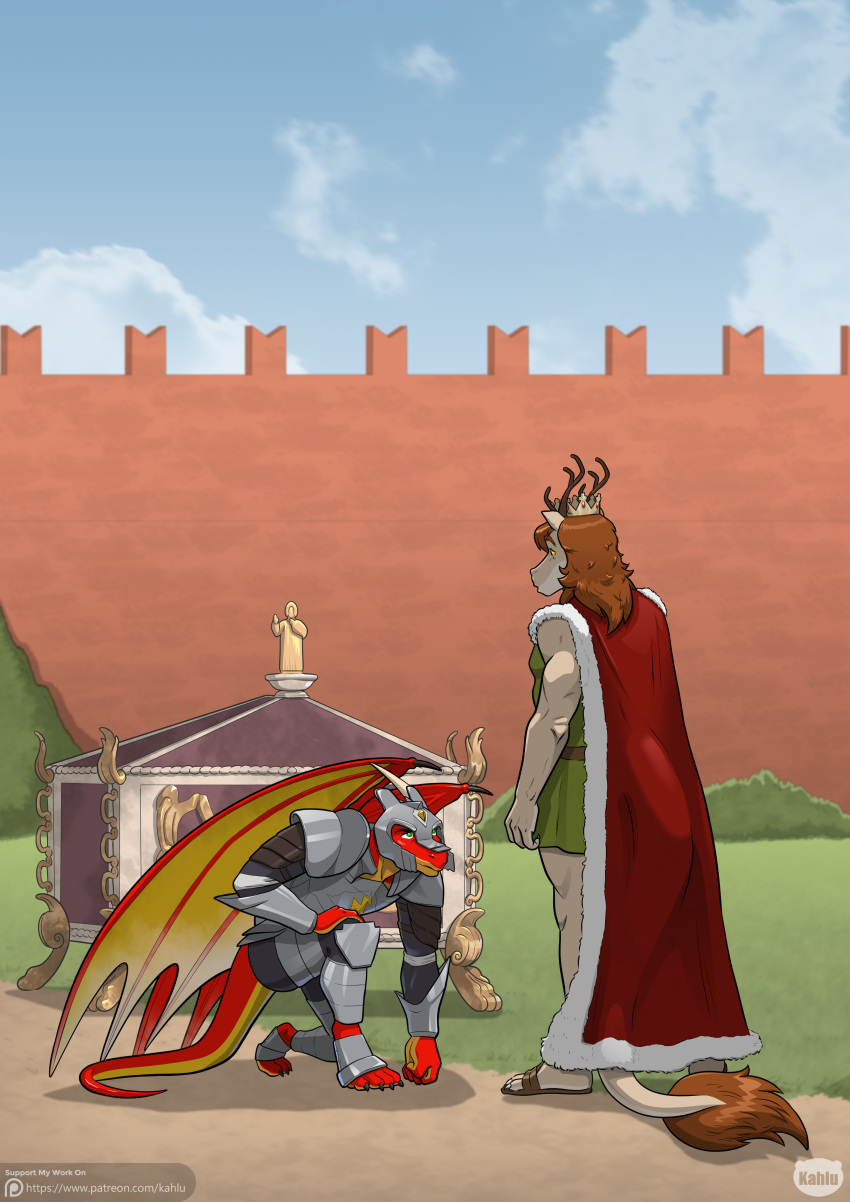 absurd_res ancient anthro antlers arix_(arix0) armor bowing caligae castle clothing crown day dragon duo english_text field footwear garden headgear hi_res horn kahlu kneeling male male/male mane mantle medieval muscular muscular_male mythological_creature mythological_scalie mythology prince prince_borgon relic royalty scalie story story_in_description surprise surprised_expression tail tail_tuft text tuft url wings