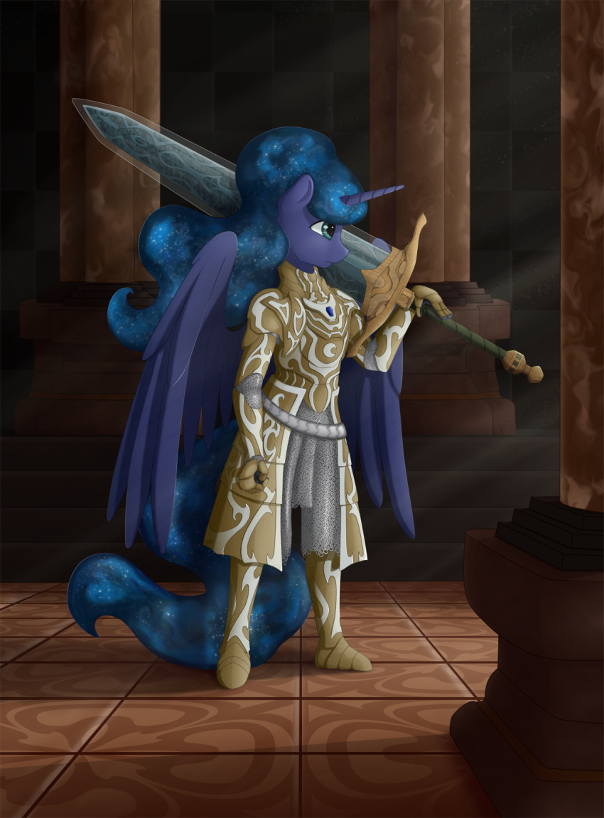 anor_londo anthro anthrofied armor blue_body blue_eyes chainmail cosmic_hair crossover dark_souls equid equine ethereal_hair female friendship_is_magic fromsoftware greatsword hasbro hi_res holding_melee_weapon holding_object holding_sword holding_weapon horse inside light mammal melee_weapon moonlight_greatsword my_little_pony pentoolqueen pillar plate_armor pony princess_luna_(mlp) solo standing sunlight sword temple tile weapon wings