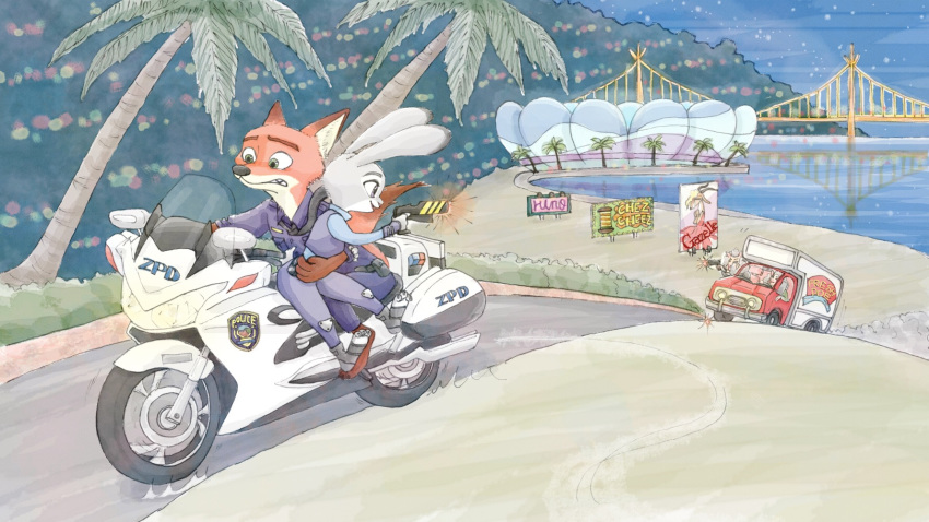 bovid bridge canid canine caprine clothing disney driving fox fur green_eyes grey_body grey_fur group hb_runo hi_res holding_object holding_weapon inner_ear_fluff judy_hopps lagomorph leporid mammal motorcycle nick_wilde orange_body orange_fur outside palm_tree plant police police_uniform purple_eyes rabbit red_fox sheep sign sky smile toeless_legwear tree truck_(vehicle) true_fox tuft uniform vehicle water weapon zootopia