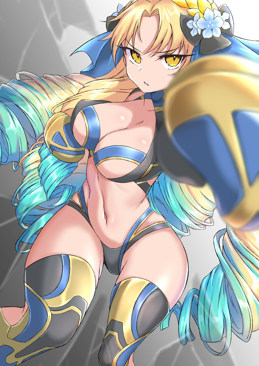 astraea_(fate) astraea_(festival_outfit)_(fate) black_panties blonde_hair blue_hair blue_ribbon boxing boxing_gloves breasts cleavage coyomin drill_hair fate/grand_order fate_(series) female flower gold_trim gradient_hair hair_flower hair_ornament hair_ribbon highres large_breasts long_hair looking_at_viewer multicolored_hair navel panties parted_bangs quad_drills ribbon solo sports_bra thighhighs thighs underwear very_long_hair yellow_eyes