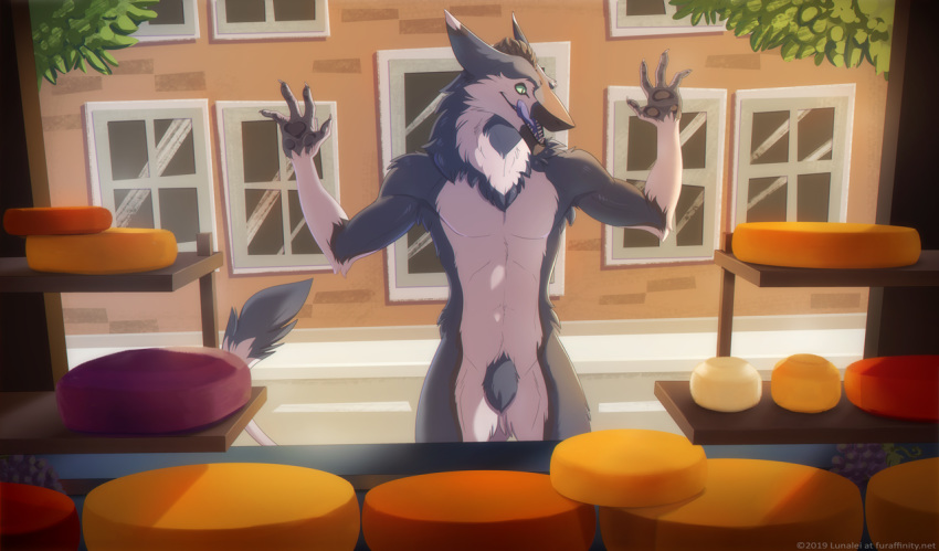 2019 4_fingers black_body black_fur cheese cheese_wheel dairy_products day detailed_background digital_media_(artwork) fingers food fur humor lunalei male open_mouth outside sergal solo standing tail teeth tongue town white_body white_fur