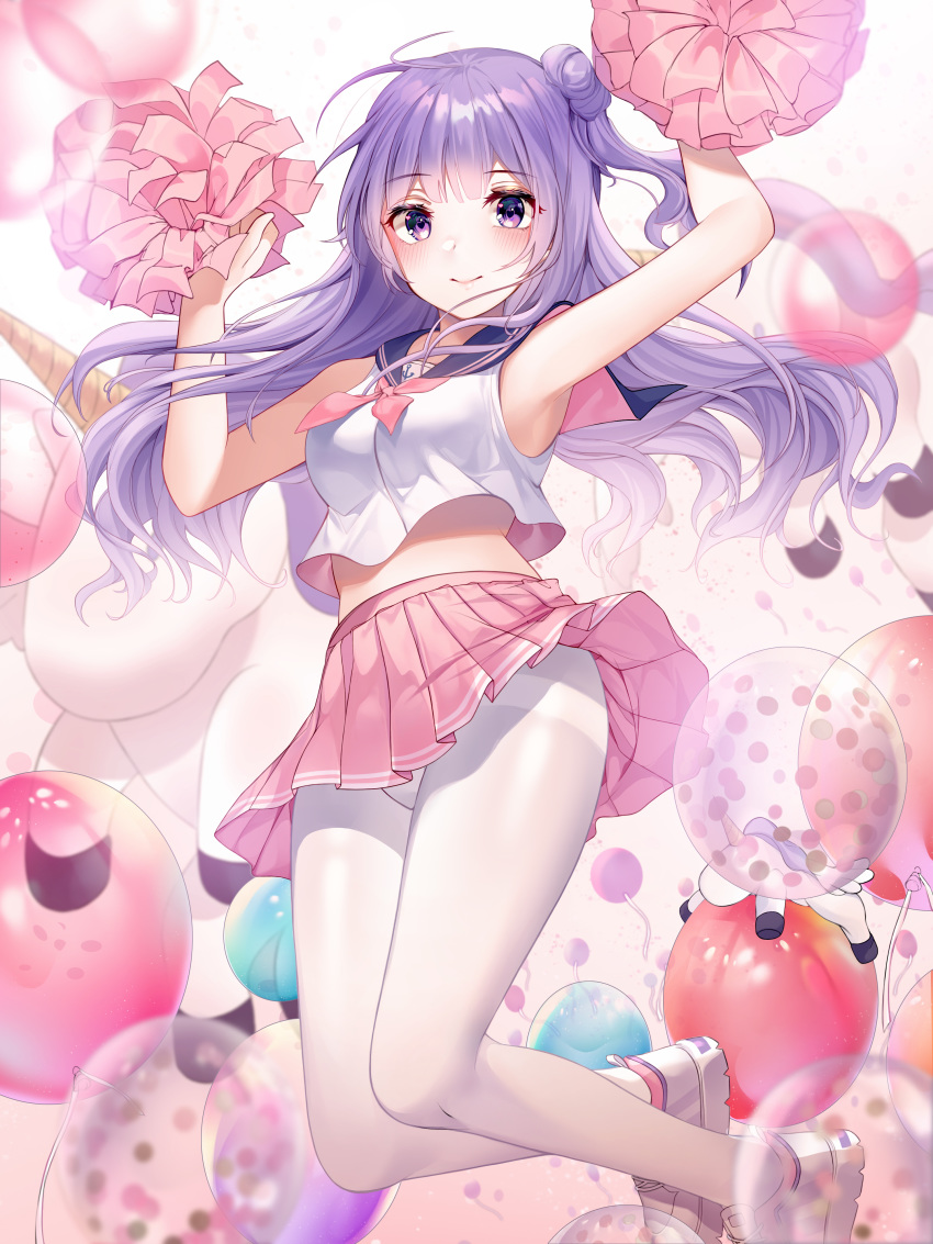 absurdres armpits arms_up azur_lane balloon bare_arms bare_shoulders blurry breasts cheerleader closed_mouth commentary_request crop_top crop_top_overhang female floating_hair foka_(beginner) hair_bun highres holding holding_pom_poms long_hair looking_at_viewer medium_breasts midriff miniskirt neckerchief pantyhose photoshop_(medium) pink_skirt pleated_skirt pom_pom_(cheerleading) purple_eyes purple_hair sailor_collar shirt shoes simple_background single_hair_bun single_side_bun skirt sleeveless sleeveless_shirt smile sneakers solo stuffed_winged_unicorn thighband_pantyhose unicorn_(azur_lane) white_background white_pantyhose white_shirt