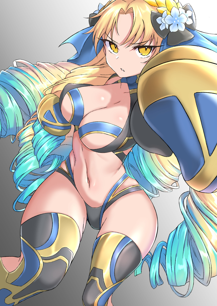 astraea_(fate) astraea_(festival_outfit)_(fate) black_panties blonde_hair blue_hair blue_ribbon boxing boxing_gloves breasts cleavage coyomin drill_hair fate/grand_order fate_(series) female flower gold_trim gradient_hair hair_flower hair_ornament hair_ribbon highres large_breasts long_hair looking_at_viewer multicolored_hair navel panties parted_bangs quad_drills ribbon solo sports_bra thighhighs thighs underwear very_long_hair yellow_eyes