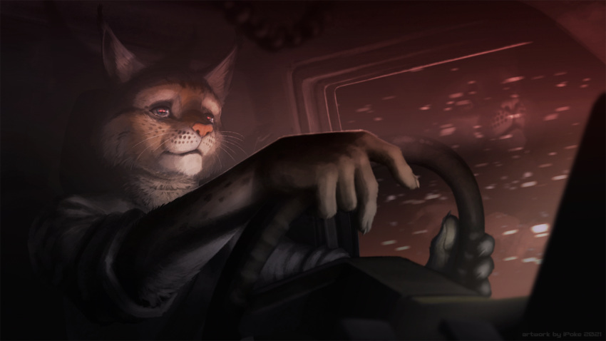 16:9 2021 5_fingers anthro brown_body brown_fur detailed_background digital_media_(artwork) driving felid feline fingers fur inside_vehicle ipoke light lighting lynx mammal pink_nose reflection shaded solo vehicle whiskers widescreen window