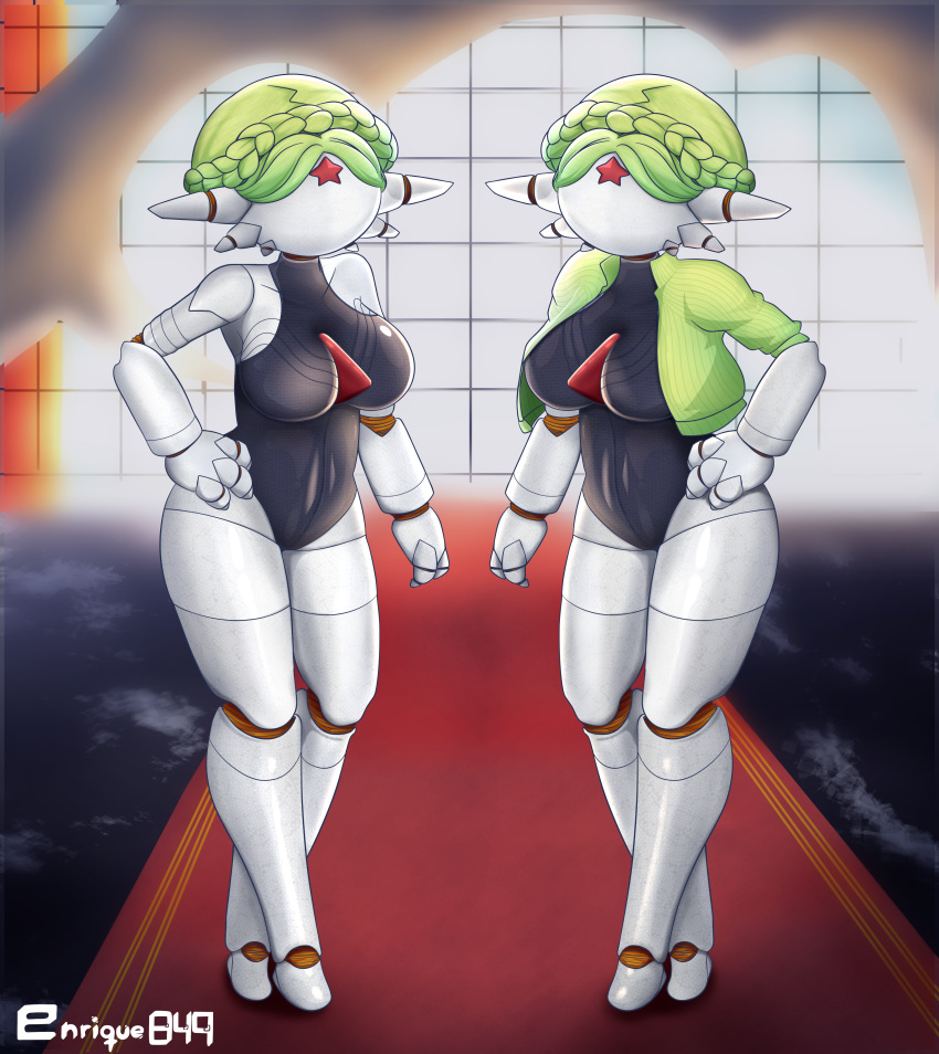 absurd_res alternate_species atomic_heart black_clothing bolero_jacket clothing duo enrique849 featureless_face female gardevoir generation_3_pokemon green_clothing green_hair hair hi_res humanoid left_(atomic_heart) nintendo pokemon pokemon_(species) red_star right_(atomic_heart) robotic_body white_body