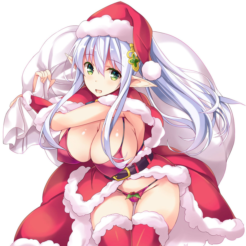 arm_warmers belt bikini blush brave_girl_ravens breasts chloe_ferel christmas coat commentary_request covered_nipples female fur_trim green_eyes grey_hair hair_ornament hat large_breasts long_hair open_clothes open_coat open_mouth photoshop_(medium) pointy_ears ponytail red_bikini red_thighhighs sack santa_bikini santa_costume santa_hat shimakaze_(soundz_of_bell) simple_background smile solo swimsuit thighhighs white_background