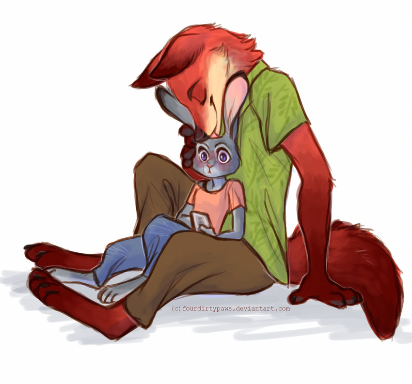 2016 anthro barefoot blush bottomwear canid canine closed_eyes clothing disney duo feet female fox hi_res holding_object judy_hopps lagomorph leporid licking male mammal nick_wilde pants rabbit red_fox samaella shirt simple_background sitting size_difference smile surprise tongue tongue_out topwear true_fox white_background wide_eyed zootopia