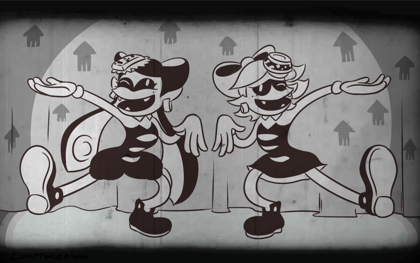 20s 2girls aori_(splatoon) bare_shoulders bow detached_collar domino_mask dress earrings fangs food food_on_head gloves hairbow hotaru_(splatoon) jewelry long_hair mask mole mole_under_eye monochrome multiple_girls object_on_head oldschool one_eye_closed pointy_ears short_hair splatoon tentacle tentacle tentacle_hair