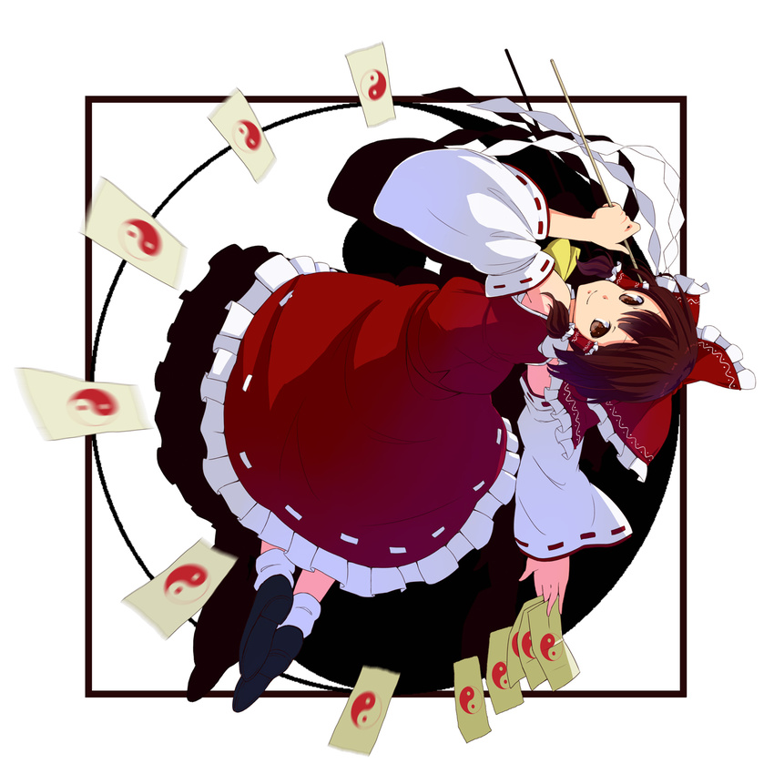 bad_id bad_pixiv_id between_fingers bow brown_eyes brown_hair detached_sleeves dress female gohei hairbow hakurei_reimu highres holding ofuda photoshop_(medium) red_bow red_dress shide solo touhou tsuttsu yin_yang