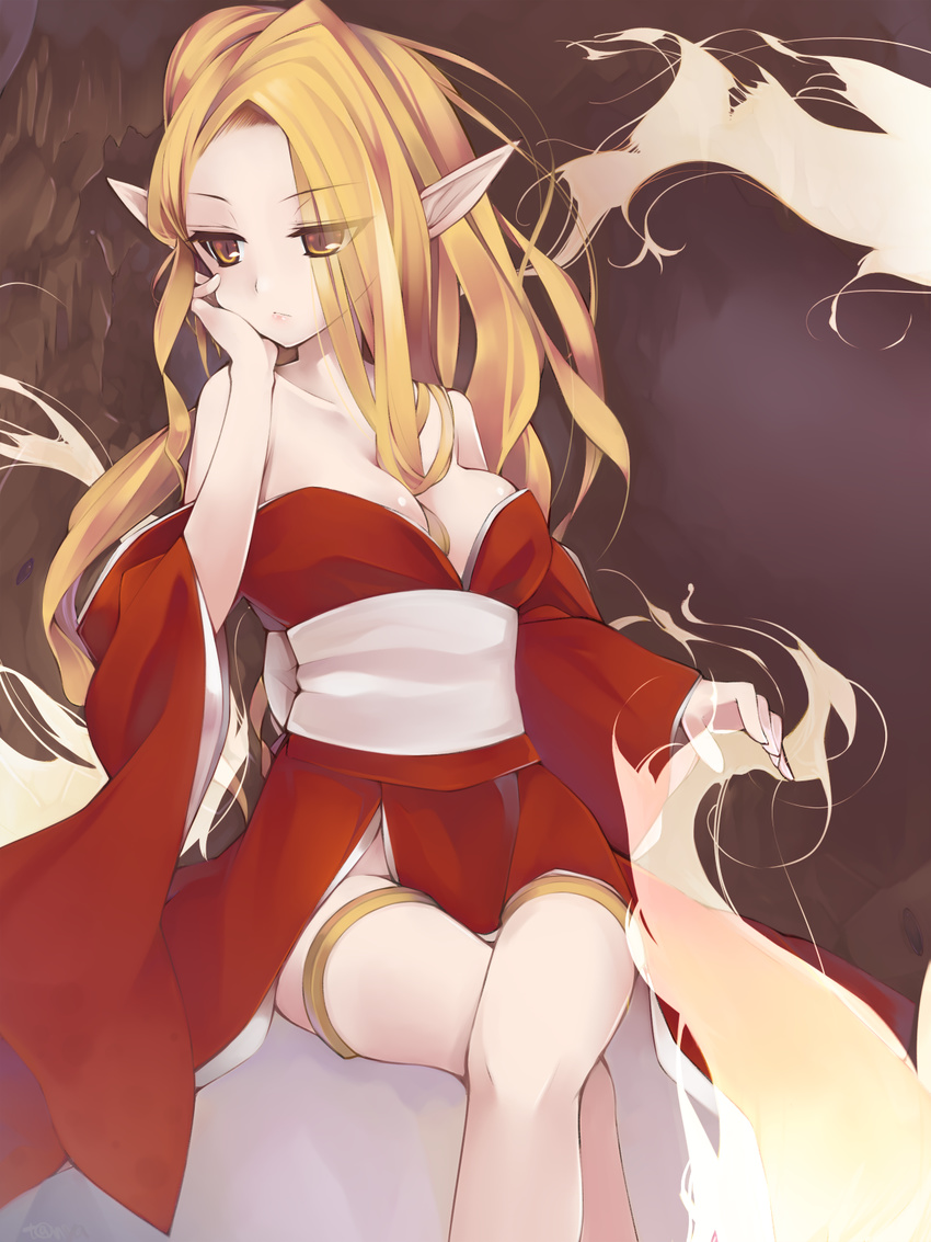 bad_id bad_nicoseiga_id bare_shoulders blonde_hair breasts byunei cleavage collarbone crossed_legs demon_girl female head_rest highres japanese_clothes kimono long_hair medium_breasts pointy_ears red_eyes red_kimono romancing_saga_3 saga sitting slit_pupils solo tanyatonya thigh_strap yellow_eyes