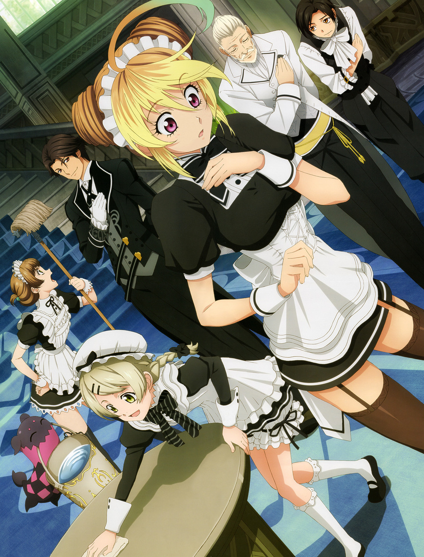 3boys 3girls absurdres ahoge alternate_costume alternate_hairstyle alvin_(butler)_(tales) alvin_(tales) blonde_hair bow brown_legwear bucket closed_eyes dutch_angle elize_lutus elize_lutus_(maid) garter_straps hair_ornament hair_up highres jude_mathis jude_mathis_(butler) kneehighs leia_rolando leia_rolando_(maid) maid maid_headdress milla_maxwell milla_maxwell_(maid) mop multicolored_hair multiple_boys multiple_girls official_alternate_costume official_art red_eyes rowen_j._ilbert rowen_j._ilbert_(butler) scan short_hair socks tales_of_(series) tales_of_xillia teepo_(tales) thighhighs ufotable white_legwear wrist_cuffs zettai_ryouiki