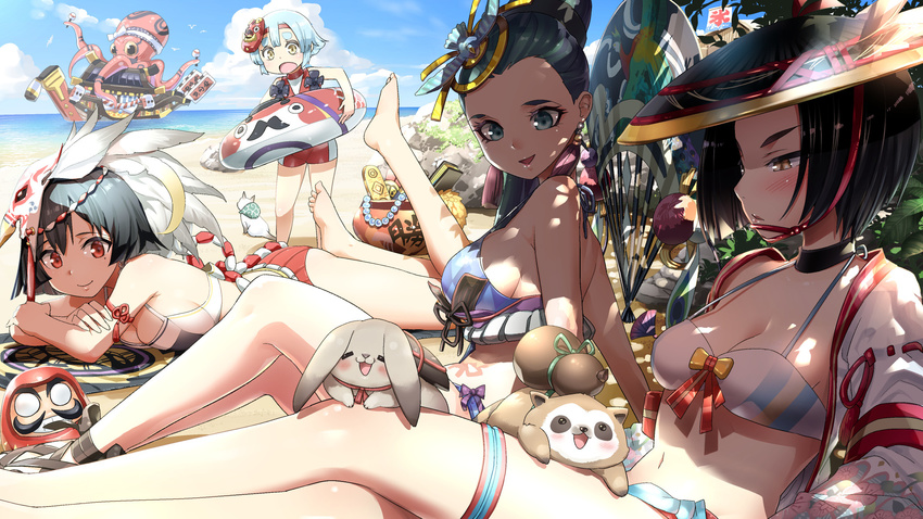 4girls :d animal_on_leg barefoot beach beach_towel bikini bird_hair_ornament black_choker black_hair blue_eyes blue_hair blue_sky blush boat breasts brown_eyes chin_(onmyoji) choker cleavage cloud commentary_request dappled_sunlight daruma_doll day feline hair_ornament hat headband highres innertube itsumade_(onmyoji) kingyo_hime_(onmyoji) kraken_(onmyoji) lying mask mask_on_head medium_breasts multiple_girls ocean octopus on_stomach onmyoji open_mouth otoi_rekomaru outdoors rabbit red_eyes red_ribbon ribbon sandals shiny_skin short_hair sitting sky smile standing strap_gap sunlight swim_ring swimsuit thigh_strap towel ubume_(onmyoji) watercraft