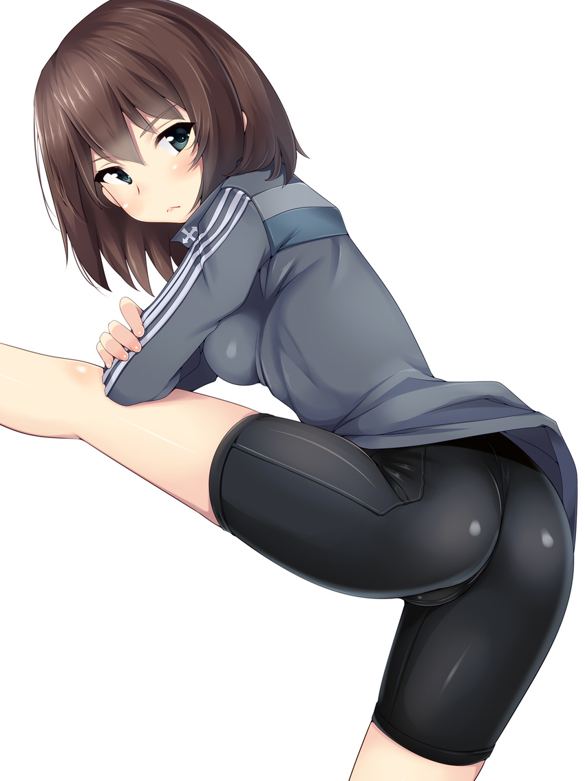 ass bad_id bad_pixiv_id bike_shorts blush brown_hair commentary female geshiko_(girls_und_panzer) girls_und_panzer green_eyes gym_uniform highres jacket leg_up looking_at_viewer looking_back nksk short_hair skindentation solo standing stretching track_jacket white_background