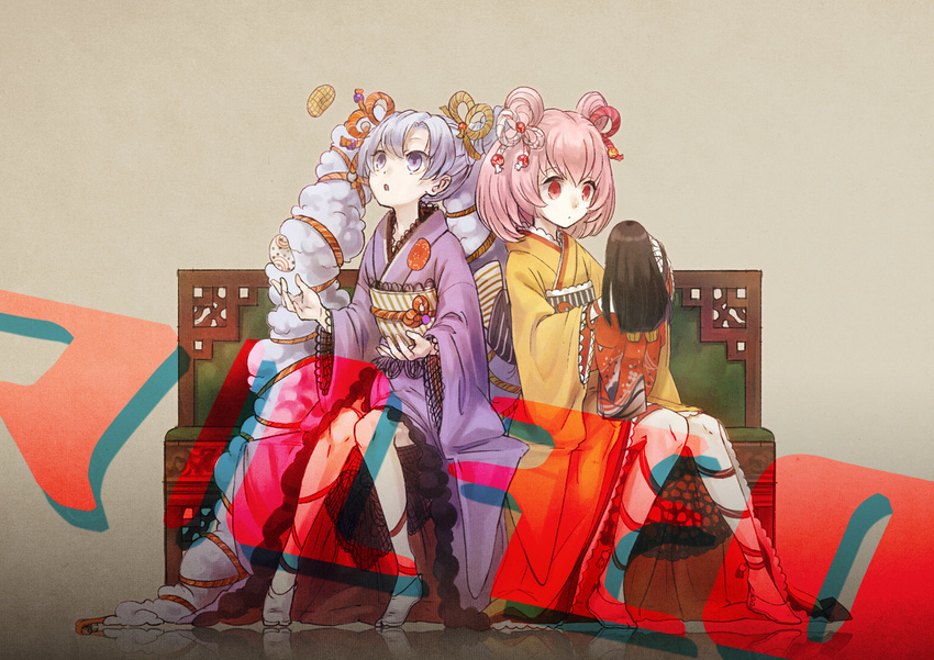 2girls :o doll double_bun hair_bun japanese_clothes kimono long_hair maru_(xxxholic) migita moro_(xxxholic) multiple_girls obi pink_hair purple_eyes purple_hair red_eyes sash short_hair sitting twintails wooden_chair xxxholic