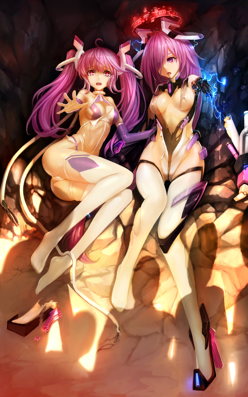 2girls 300_heroes absurdres android bad_id bad_pixiv_id breasts broken_arm cleavage commentary_request covered_nipples damaged detached_sleeves dita_(300_heroes) elbow_gloves empty_eyes gloves highres isha_(300_heroes) leotard long_hair mechanical_parts medium_breasts multiple_girls open_mouth photoshop_(medium) pink_eyes pink_hair shoes single_shoe small_breasts tears thighhighs torn_clothes torn_thighhighs twintails zhuore_zhi_hen