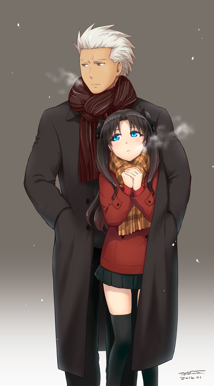 1boy archer_(fate) bad_id bad_pixiv_id black_hair black_thighhighs blue_eyes blush brown_eyes coat cold dark-skinned_male dark_skin fate/stay_night fate/zero fate_(series) female hair_ornament hair_ribbon highres iida_toyoyuki manly ribbon scarf shared_clothes shared_coat short_hair skirt thighhighs tohsaka_rin twintails white_hair winter_clothes