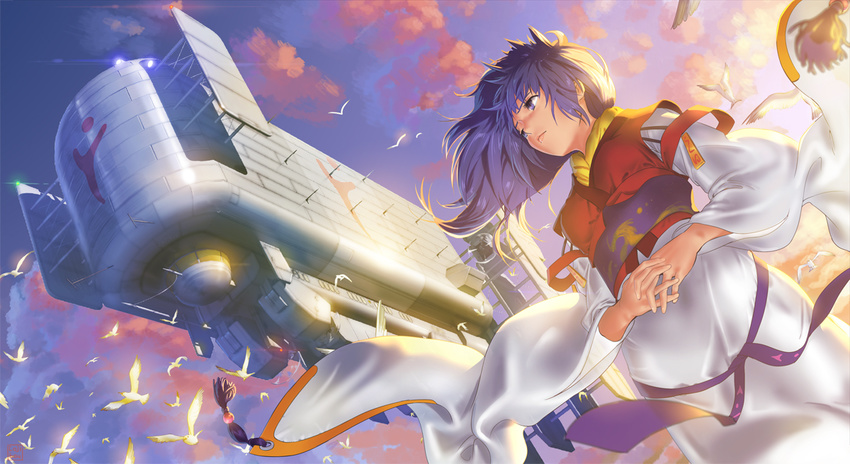 arc_the_lad bird cojibou commentary_request female kukuru_(arc_the_lad) long_hair long_sleeves photoshop_(medium) purple_eyes purple_hair ship silver_noah sky solo watercraft wind