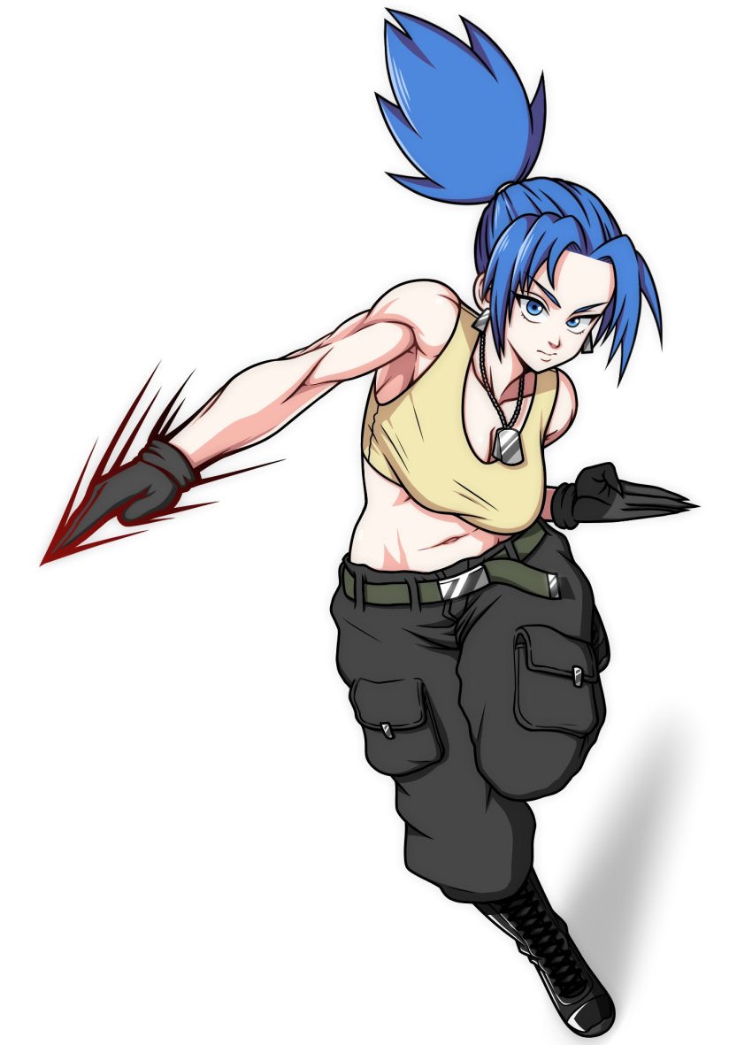 bare_shoulders black_pants blue_eyes blue_hair boots breasts commentary crop_top dog_tags earrings eron female fighting_stance full_body gloves high_ponytail highres jewelry leona_heidern navel pants solo spiked_hair tank_top the_king_of_fighters white_background yellow_tank_top