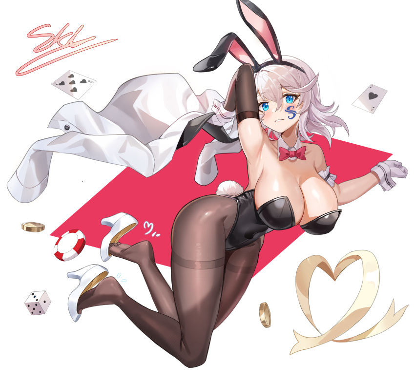 absurdres animal_ears arm_scrunchie armpits black_leotard black_pantyhose blue_eyes blush breasts cleavage collarbone elbow_gloves facial_tattoo feet female gloves heart_ribbon highres large_breasts legs leotard no_shoes original pantyhose parted_lips playboy_bunny rabbit_ears signature skl soles strapless strapless_leotard tattoo toes white_background white_footwear white_gloves