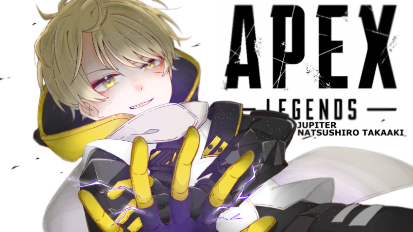 1boy apex_legends blonde_hair character_name copyright_name cosplay eyeshadow gloves hand_on_own_arm highres indie_utaite makeup male_focus open_hand parted_lips red_eyeshadow sena_(sen_a) smile solo takaaki_natsushiro utaite v-shaped_eyebrows void_prowler_wraith wraith_(apex_legends) wraith_(apex_legends)_(cosplay) yellow_eyes