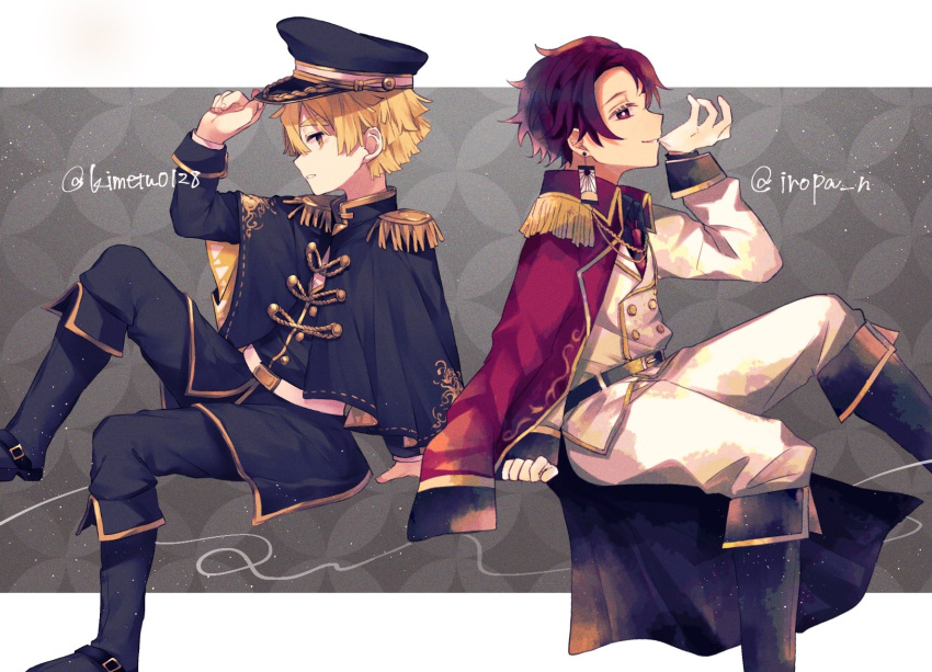 2boys adjusting_clothes adjusting_headwear agatsuma_zenitsu artist_name back-to-back belt belt_buckle black_footwear black_pants blonde_hair boots buckle buttons epaulettes fringe_trim from_side gloves half-closed_eyes hat highres jacket jacket_on_shoulders kamado_tanjirou kimetsu_no_yaiba knee_up looking_at_viewer makura_(makura0128) mouth_hold multiple_boys necktie pants peaked_cap red_jacket red_necktie rope sitting teeth_hold twitter_username white_belt white_gloves white_pants yellow_eyes