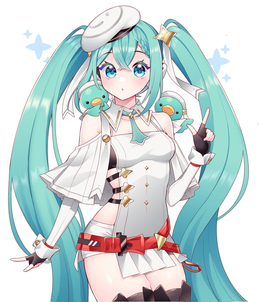 animal belt beret bird blue_hair braid collar commentary cowboy_shot duck female fingerless_gloves gloves goodsmile_racing hair_between_eyes hair_ornament hat hatsune_miku highres index_finger_raised masumofu medium_hair micro_shorts racing_miku racing_miku_(2023) ribbon shorts sideless_outfit simple_background star_(symbol) thighhighs twintails vocaloid white_headwear wrist_cuffs