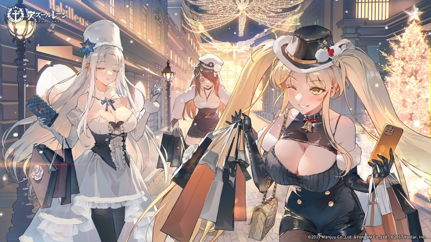 3girls :o @_@ alternate_costume azur_lane bag bare_shoulders bell belt black_belt black_dress black_gloves black_hair black_headwear black_skirt blonde_hair blue_flower blue_ribbon breasts buttons cellphone christmas christmas_tree cleavage cleavage_cutout closed_eyes clothing_cutout copyright_name detached_collar detached_sleeves double-breasted dress elbow_gloves flower frilled_dress frills fur_hat gloves green_eyes grin hair_flower hair_ornament hair_over_one_eye hat high-waist_skirt highres holding holding_phone hornet_(azur_lane) hornet_ii_(azur_lane) lamppost large_breasts long_hair long_sleeves looking_at_viewer multiple_girls neck_bell night northampton_(azur_lane) northampton_ii_(azur_lane) official_art okku one_eye_closed open_mouth outdoors pantyhose papakha parted_lips pencil_skirt phone pom_pom_(clothes) ribbon road second-party_source shopping_bag skirt smartphone smile street teeth twintails wallet white_dress white_flower white_gloves white_hair yorktown_(azur_lane) yorktown_ii_(azur_lane)