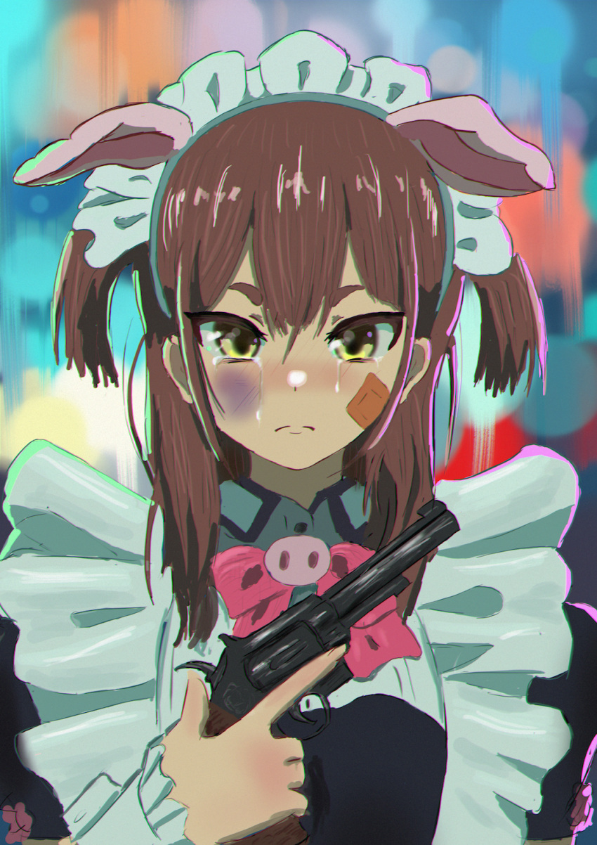 akiba_maid_sensou animal_ears bandaid brown_hair bruise bruise_on_face closed_mouth fake_animal_ears female gun handgun highres injury long_hair looking_at_viewer maid maid_headdress pig_ears revolver solo tears treepxiv trigger_discipline two_side_up upper_body wahira_nagomi weapon yellow_eyes