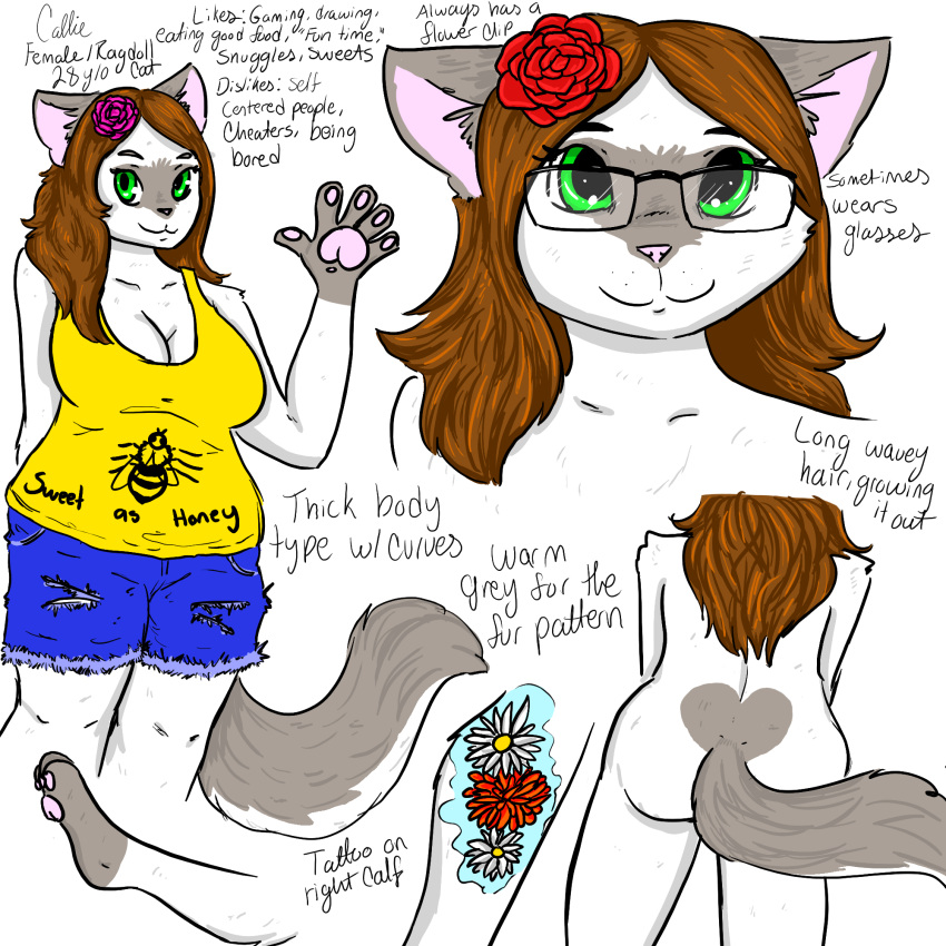 1:1 anthro digital_media_(artwork) domestic_cat english_text felid feline felis female hi_res mammal model_sheet ragdoll_cat solo tattoo text