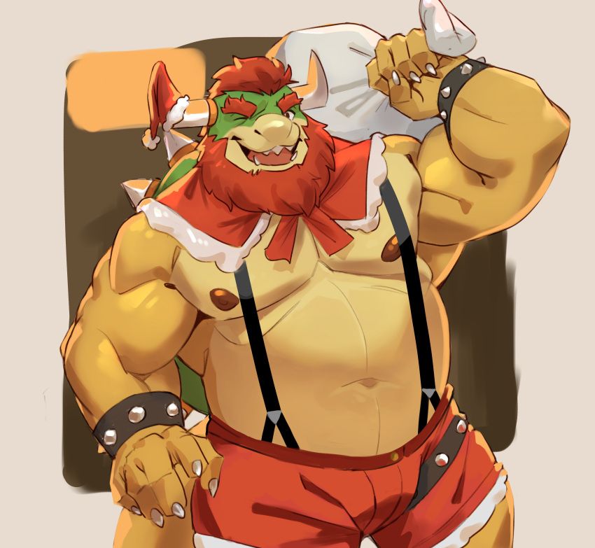 2022 2_horns absurd_res anthro beard biceps bottomwear bowser bracelet christmas christmas_clothing christmas_headwear clothing facial_hair hair hat headgear headwear hi_res holidays horn jewelry koopa lhjal2 looking_at_viewer male manly mario_bros musclegut muscular nintendo nipples one_eye_closed open_mouth pecs red_hair sack santa_hat scalie sharp_teeth shorts simple_background slightly_chubby smily solo spiked_bracelet spikes standing suspenders teeth triceps wink