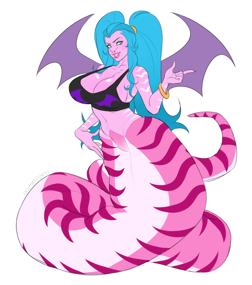 5_fingers absurd_res apode big_breasts bracelet breasts cleavage clothed clothing draconcopode female fingers hair hi_res jewelry lamia legless long_hair multicolored_body multicolored_scales orangekissess pink_body pink_scales purple_wings reptile scales scalie serpentine simple_background snake solo split_form striped_body striped_scales stripes teal_hair white_background wings