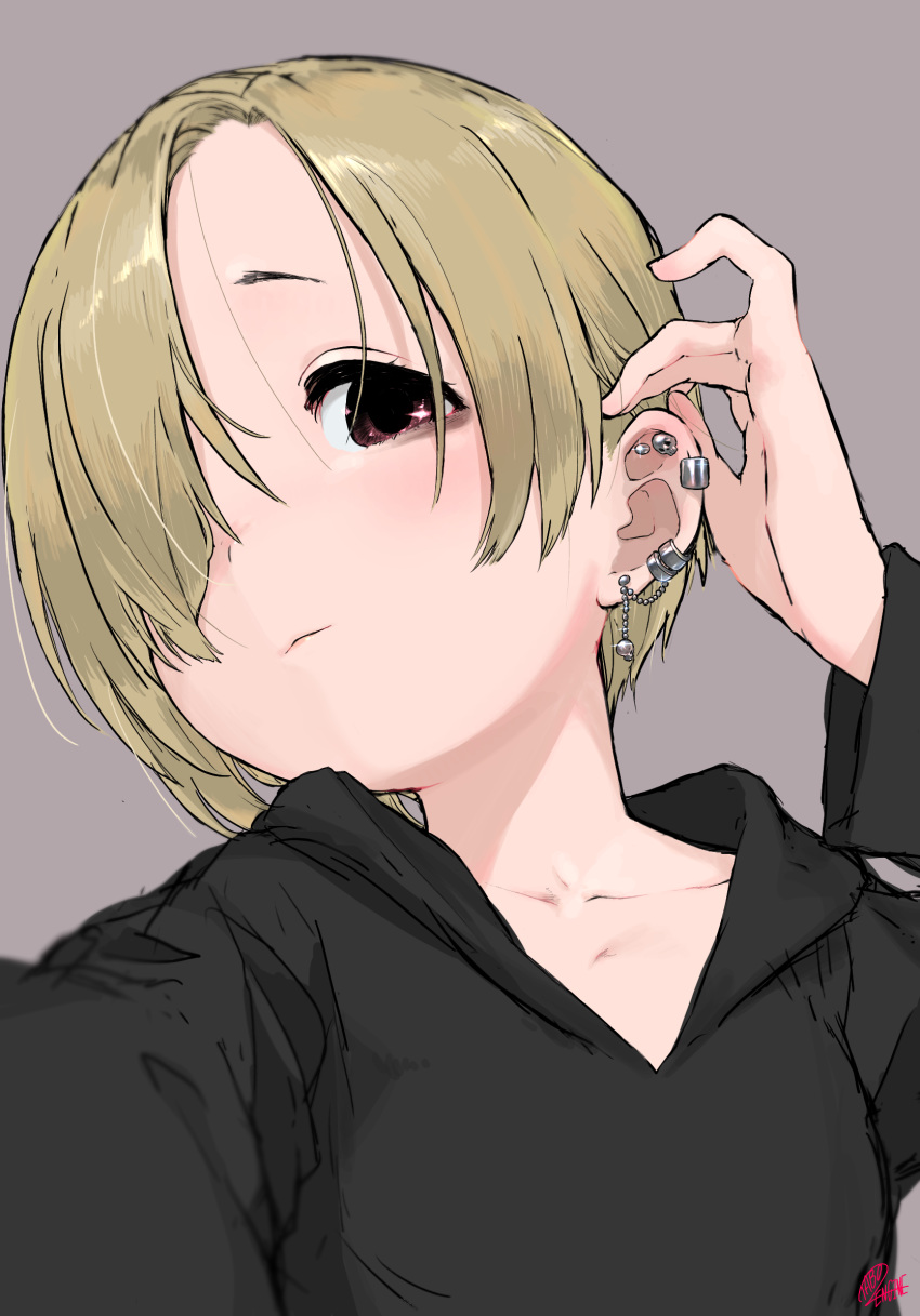 adjusting_hair black_hoodie blonde_hair brown_eyes collarbone commentary ear_piercing earrings english_commentary female hair_over_one_eye highres hood hood_down hoodie idolmaster idolmaster_cinderella_girls jewelry long_sleeves outstretched_arm piercing shirasaka_koume short_hair simple_background solo turbo_engine_(rakugaki_tabo) upper_body