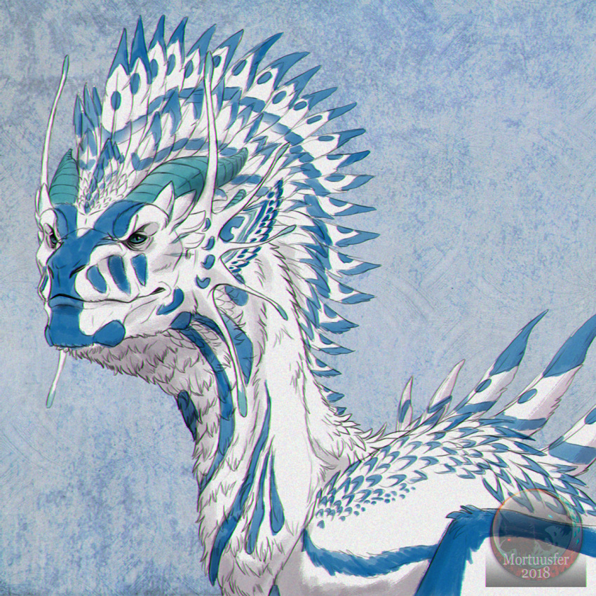 1:1 2018 archspirigvit blue_body blue_eyes blue_feathers blue_fur daiman_night_dragon_(keltaan) digital_media_(artwork) dragon feathered_dragon feathered_scalie feathered_wings feathers feral fur furred_dragon furred_scalie hi_res horn kelta'an_(character) male mythological_creature mythological_scalie mythology scalie solo white_body white_feathers white_fur wings