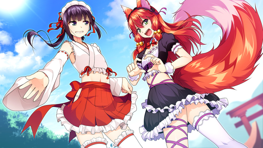 2boys :d animal_ears aogiri_penta asymmetrical_legwear bare_shoulders bell black_hair blue_sky blunt_bangs bow clenched_teeth clothes_lift cloud cloudy_sky day detached_sleeves dutch_angle embarrassed endou_mishiro fox_boy fox_ears fox_tail frilled_hairband frilled_skirt frills game_cg green_eyes hair_bell hair_ornament hair_ribbon hairband heart heart_hands japanese_clothes jingle_bell josou_jinja long_hair looking_at_viewer magatama maid maid_headdress male_focus midriff miko multiple_boys navel open_mouth otoko_no_ko outdoors outstretched_arm parted_lips ponytail puffy_short_sleeves puffy_sleeves red_bow red_hair red_ribbon red_skirt ribbon ribbon-trimmed_sleeves ribbon_trim short_sleeves sidelocks single_thighhigh skirt skirt_lift sky smile standing sun sweatdrop tail teeth thighhighs torii tree twisted_torso uneven_legwear white_hairband white_legwear wide_sleeves wrist_cuffs yui_(josou_jinja) zettai_ryouiki