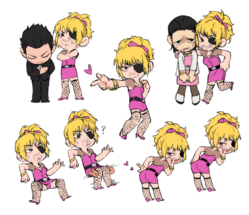 3boys ? black_hair blonde_hair bodycon chibi crossdressing dojima_daigo dress eyepatch facial_hair fishnets goromi heart highres hongjiupingzi kiryu_kazuma majima_goro multiple_boys multiple_views pink_dress pink_footwear ryuu_ga_gotoku_(series) white_background wig