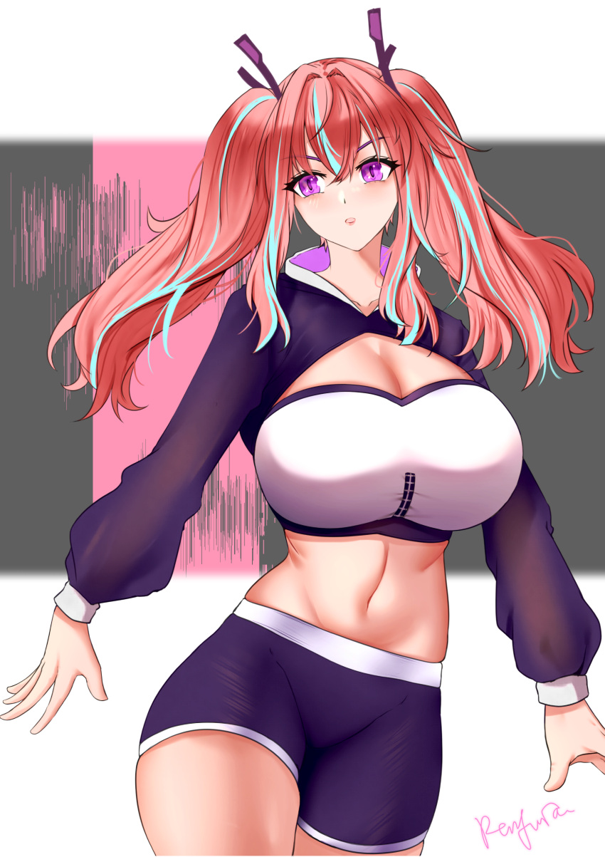 absurdres alternate_costume azur_lane black_shorts black_sleeves blue_hair breasts bremerton_(azur_lane) cleavage commentary_request cowboy_shot crop_top female groin hair_between_eyes hair_intakes hair_ornament highres large_breasts long_hair midriff multicolored_hair navel no_mole parted_lips pink_eyes pink_hair renfura short_shorts shorts shrug_(clothing) sidelocks signature skindentation solo sports_bra sportswear standing streaked_hair twintails two-tone_hair white_sports_bra