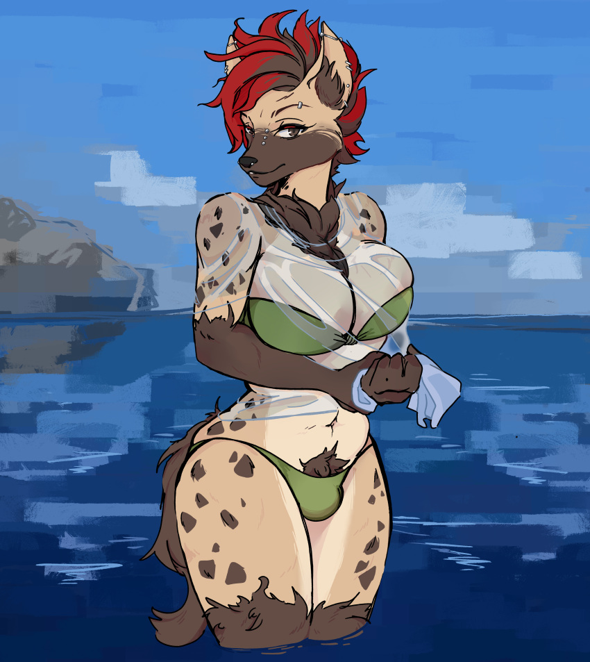 absurd_res anthro big_breasts bikini breasts brown_body bulge canid canine canis clothed clothing coyote digital_media_(artwork) ear_piercing facial_piercing fur gynomorph hair herm_(lore) hi_res highlights_(coloring) hybrid hyena intersex mammal mohawk neoma_(neoma_ireto) neoma_ireto piercing slightly_chubby solo spotted_hyena swimwear wet wet_clothing