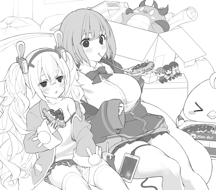 2girls :o animal_ears azur_lane bad_id bad_pixiv_id beer_can bird blush bow bowtie box breasts cable camisole can candy cardboard_box cellphone character_doll chick collarbone collared_shirt commentary_request cracked_screen drink_can fake_animal_ears food gridman_universe hair_between_eyes hair_ornament hairband hibiki_yuuta highres holding holding_candy holding_food jacket jewelry laffey_(azur_lane) large_breasts long_hair long_sleeves manjuu_(azur_lane) multiple_girls off_shoulder open_clothes open_jacket pantyhose phone piwka pizza pizza_box pizza_hut pizza_slice pleated_skirt rabbit_ears ring school_uniform shinjou_akane shirt short_hair sidelocks single_bare_shoulder sitting skirt sleeves_past_wrists smartphone ssss.gridman strap_slip stuffed_toy takarada_rikka thighhighs trash_bag twintails utsumi_shou very_long_hair white_camisole white_hair white_shirt white_thighhighs zettai_ryouiki