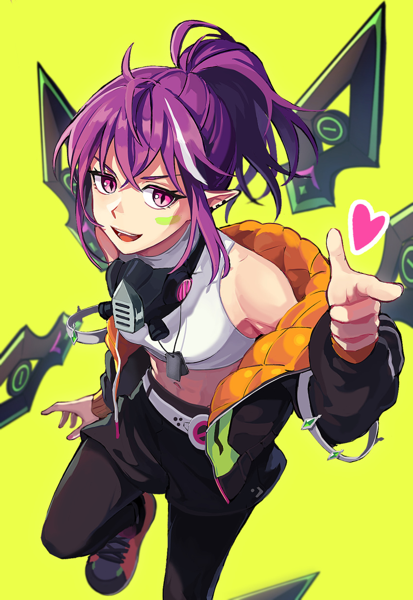 astrid_remond astrid_remond_(earth) cheese_(yongggam) crop_top dog_tags earrings facial_mark female gas_mask green_background heart highres jewelry long_hair looking_at_viewer lord_of_heroes mask midriff navel open_mouth pointing pointy_ears ponytail purple_eyes purple_hair shirt shoes sidelocks simple_background solo teeth turtleneck white_shirt