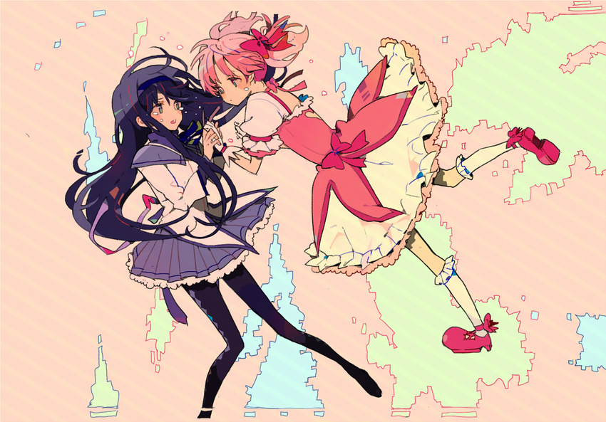 2girls akemi_homura akemi_homura_(magical_girl) bad_id bad_pixiv_id black_hair bubble_skirt closed_mouth holding_hands kaname_madoka kaname_madoka_(magical_girl) long_hair magical_girl mahou_shoujo_madoka_magica mahou_shoujo_madoka_magica_(anime) multiple_girls pantyhose pikaro pink_hair shoes short_hair skirt tears twintails