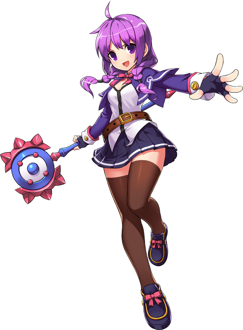 absurdres ahoge aisha_landar alternate_costume belt black_legwear braid elsword female fingerless_gloves full_body gloves highres holding holding_wand magician_(elsword) official_art purple_eyes purple_hair staff thighhighs transparent_background twin_braids wand zettai_ryouiki