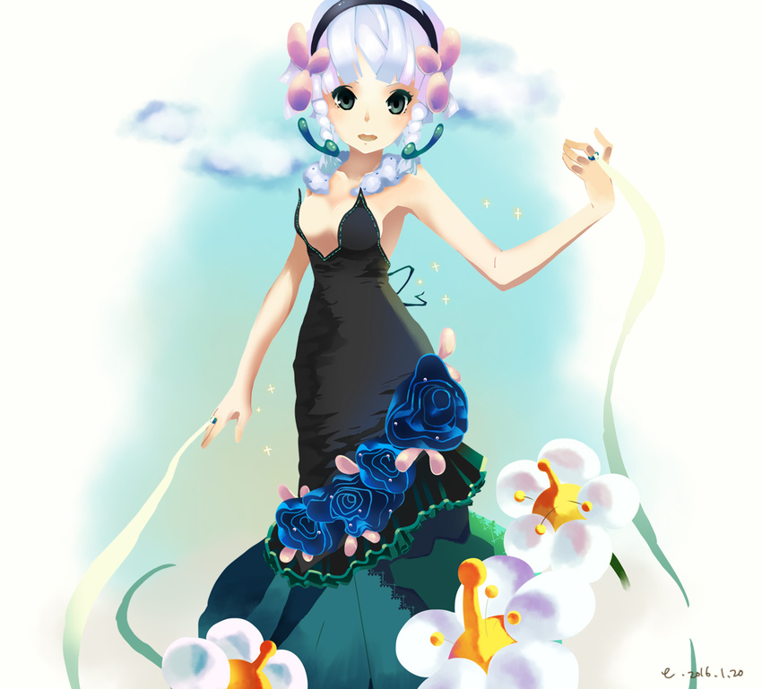 2016 black_eyes blue_flower braid commentary_request dress eir female florges florges_(white_flower) flower hair_ornament hairband jewelry looking_at_viewer open_mouth personification photoshop_(medium) pokemon ring solo standing strapless strapless_dress white_hair