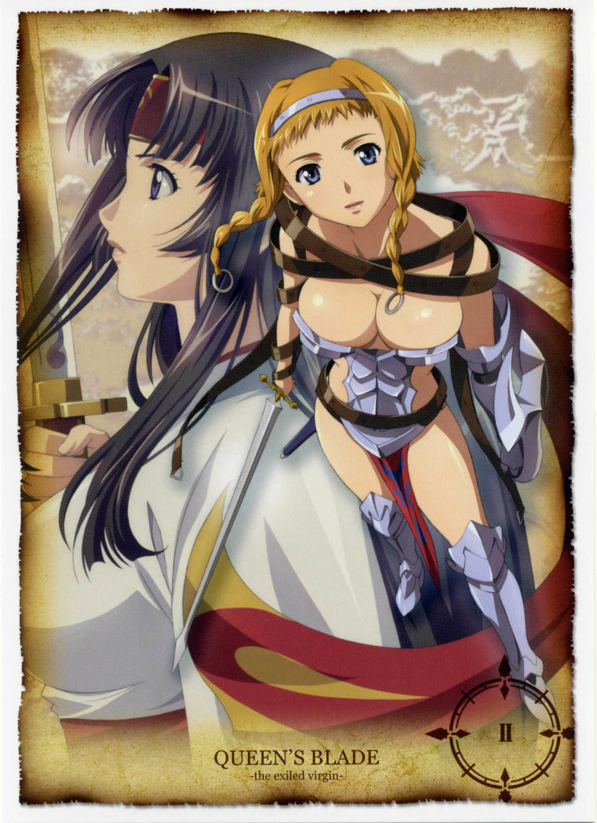 absurdres armor black_hair blonde_hair blue_eyes breasts cleavage highres japanese_clothes large_breasts leina miko queen's_blade rin-sin sword tomoe weapon