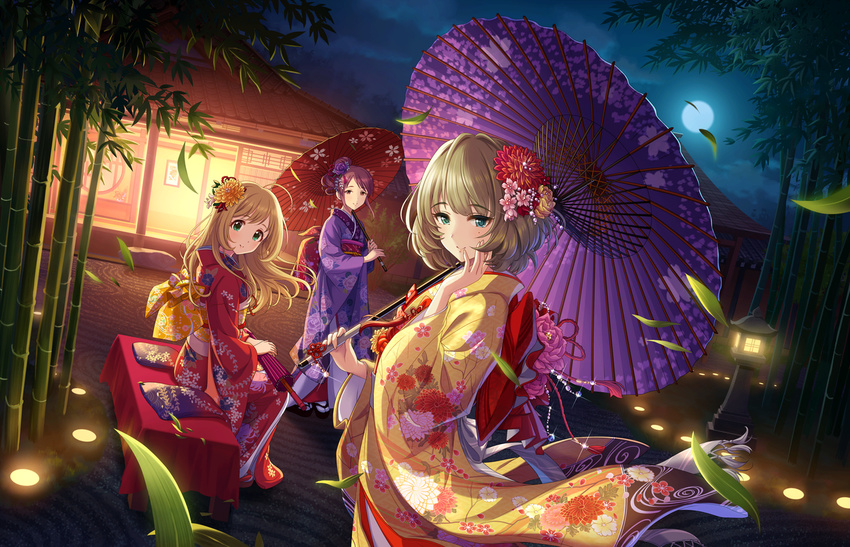 3girls ahoge alternate_hairstyle artist_request bamboo blonde_hair brown_eyes brown_hair floral_print flower green_eyes hair_down hair_flower hair_ornament heterochromia idolmaster idolmaster_cinderella_girls idolmaster_cinderella_girls_starlight_stage japanese_clothes kimono long_hair looking_at_viewer mifune_miyu mole mole_under_eye moon multiple_girls night official_art parasol sato_shin short_hair sitting smile takagaki_kaede umbrella wind yoi_otome_(idolmaster)