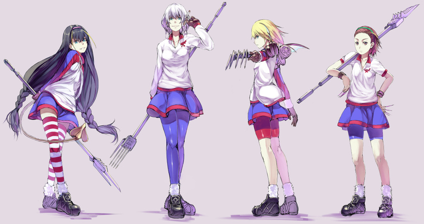 4girls a.q.u.a bad_id bad_pixiv_id bayloupe bike_shorts blue_pantyhose blue_skirt breasts claws demon_tail demon_wings fingernails floris holding holding_polearm holding_weapon lancis lessar long_fingernails long_hair mechanical_ears mechanical_tail mechanical_wings medium_breasts mini_wings miniskirt multiple_girls pantyhose polearm purple_nails sharp_fingernails shorts shorts_under_skirt skirt small_breasts spear steel_glove striped_clothes striped_thighhighs tail thighhighs toaru_majutsu_no_index very_long_hair weapon wings