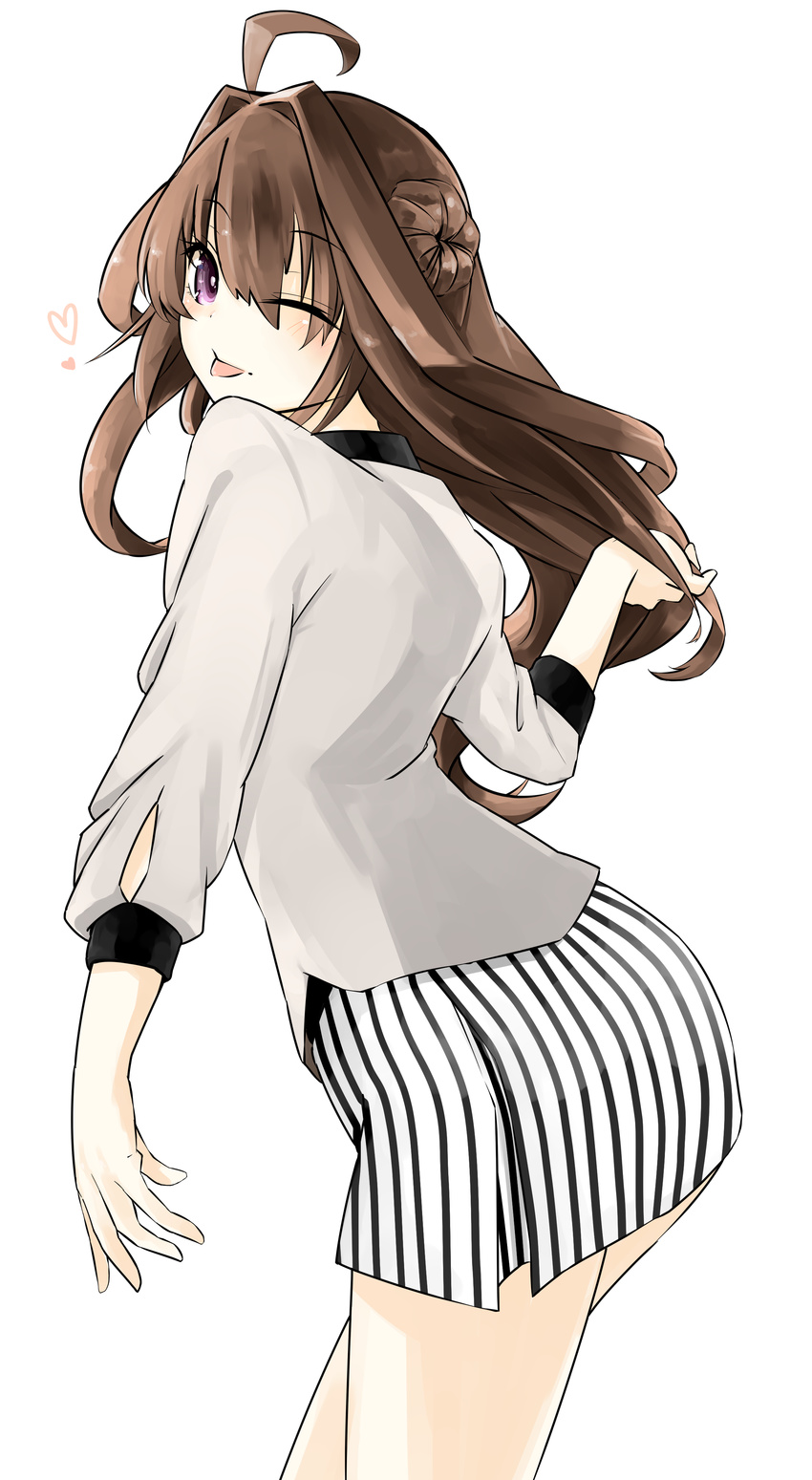 ;p absurdres ahoge alternate_costume brown_hair casual commentary_request contemporary double_bun female hair_bun highres kantai_collection kongou_(kancolle) long_hair looking_at_viewer nez_n one_eye_closed purple_eyes simple_background solo tongue tongue_out white_background