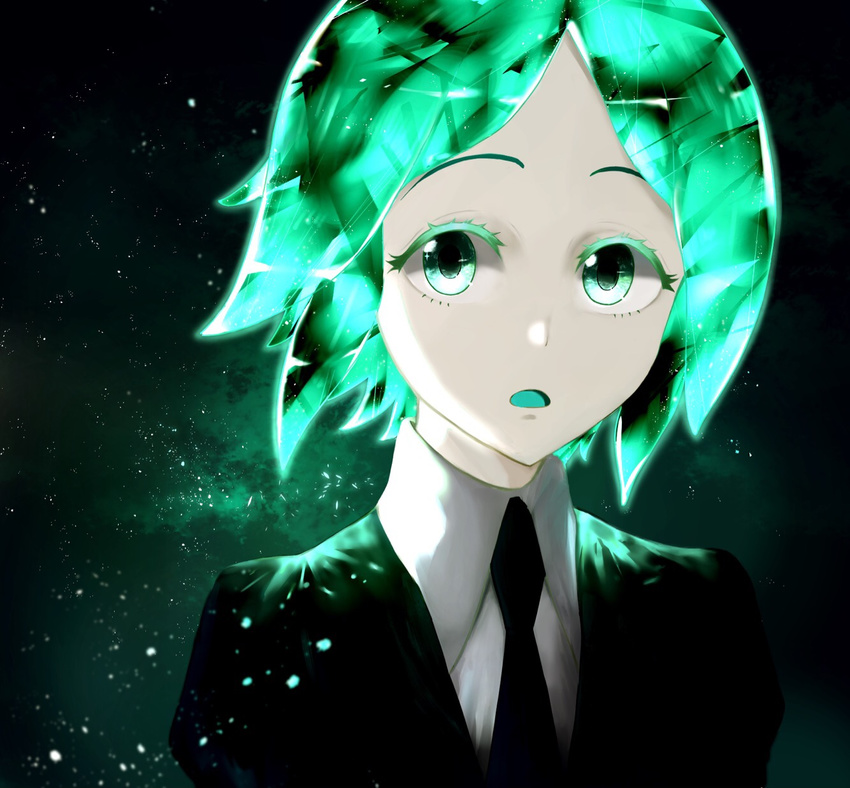 1other androgynous commentary_request gem_uniform_(houseki_no_kuni) green_eyes green_hair highres houseki_no_kuni necktie other_focus phosphophyllite short_hair solo vivid_(key)